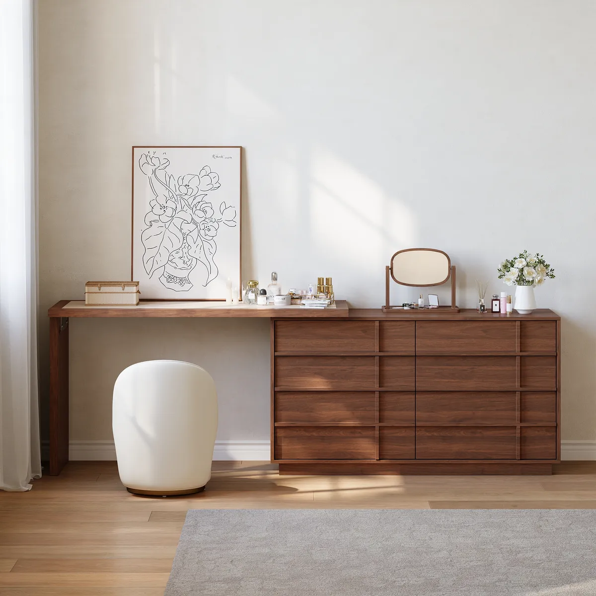 Panvyr Wooden Extendable L-Shaped Makeup Vanity Dresser with Vanity Mirror (49"–94") — image 3