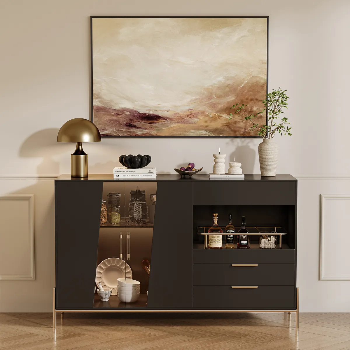 Dolawn Modern 55.1" Black Sideboard Buffet Tempered Glass Doors & Shelf Tray Wine Rack — image 2