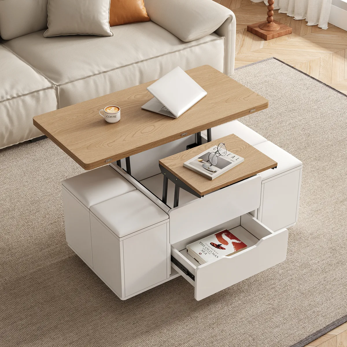Modern Walnut Lift Top Coffee Table 4 in 1 with Storage Ottoman Foldable and Casters — image 21