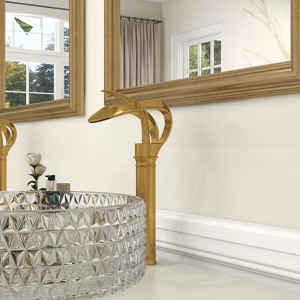 Modern Gold Waterfall Bathroom Vessel Sink Faucet Single Handle Solid — image 9