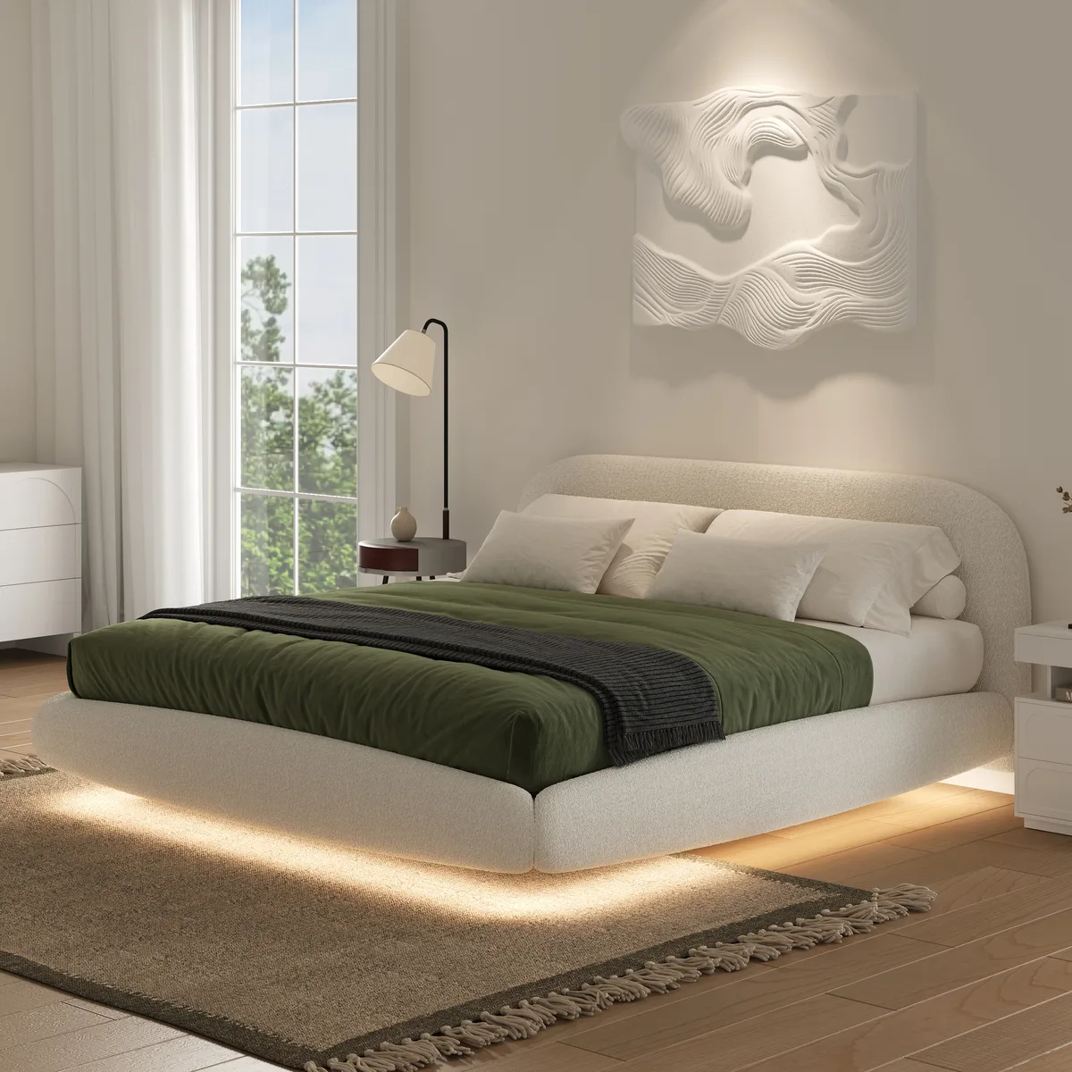 King Size Boucle Upholstered Floating Bed Frame with Light