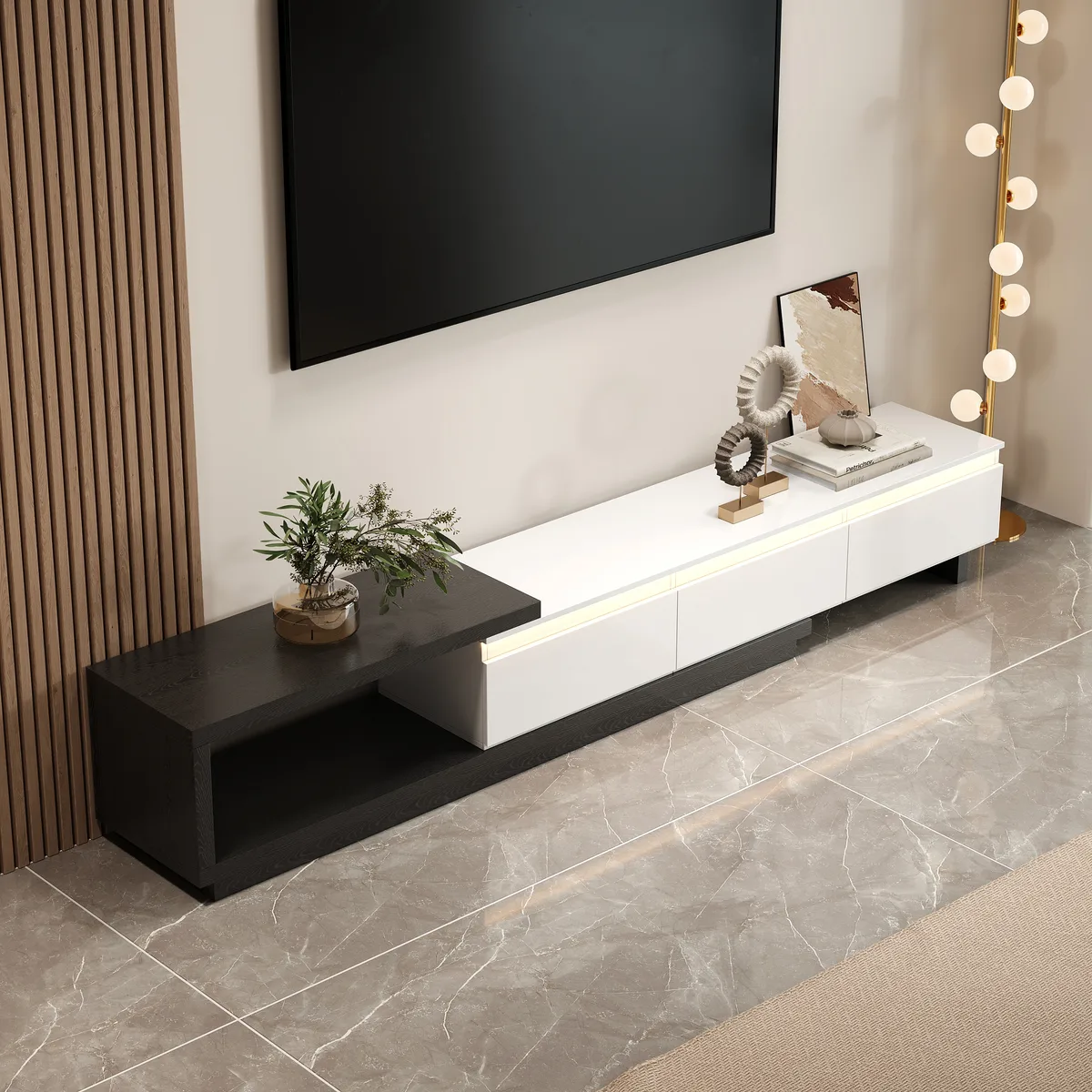 Quoint 100.4" Modern TV Stand Retracted & Extendable 3-Drawer Light Media Console — image 29