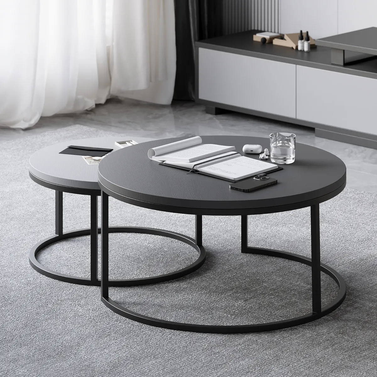 Living Room Cabinet Set Rectangle Gray Extendable TV Stand & Wood Round Nesting Coffee Table — image 15