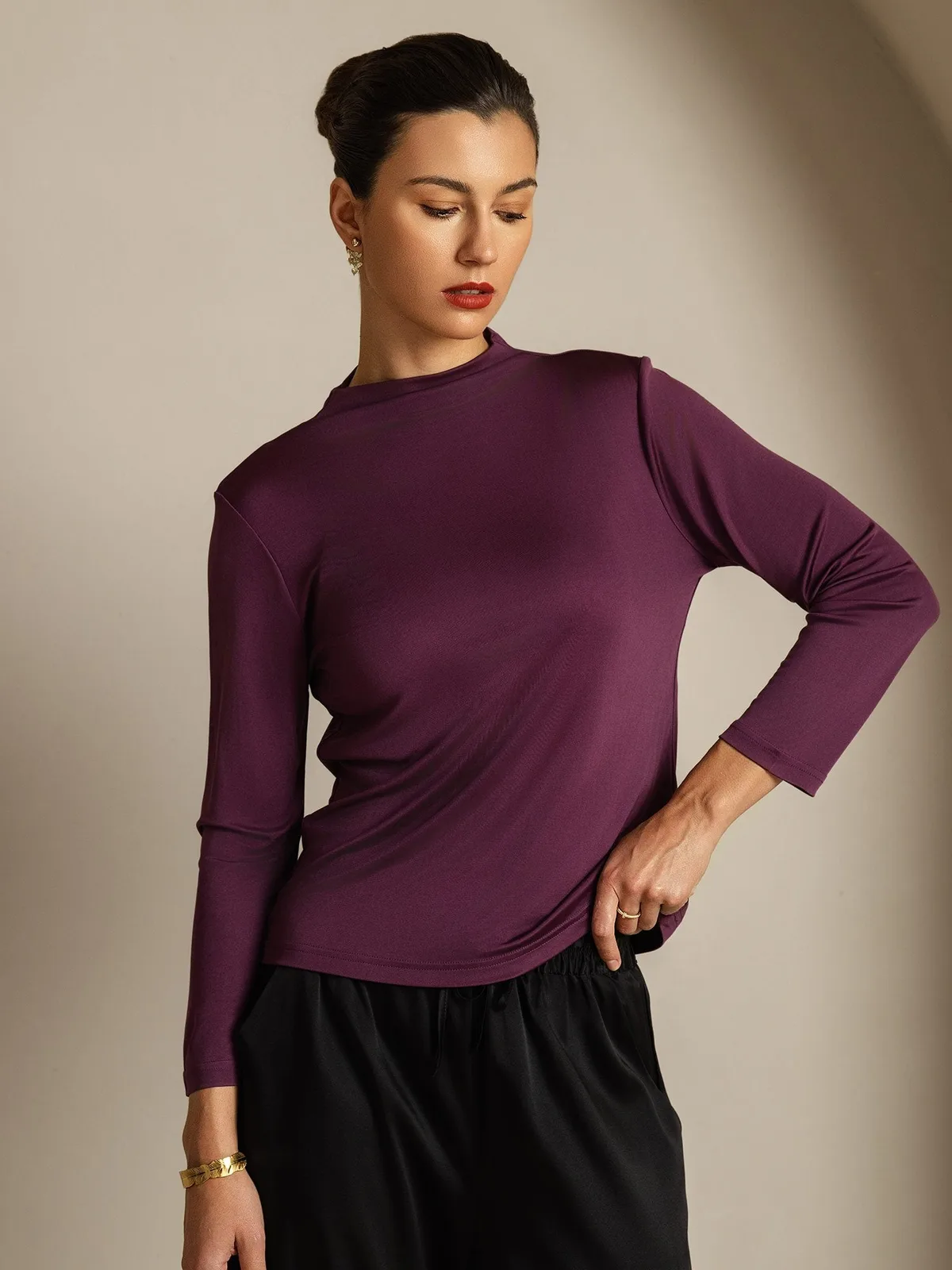 Women's 100% Mulberry Silk Long Sleeve Mock Top — image 3