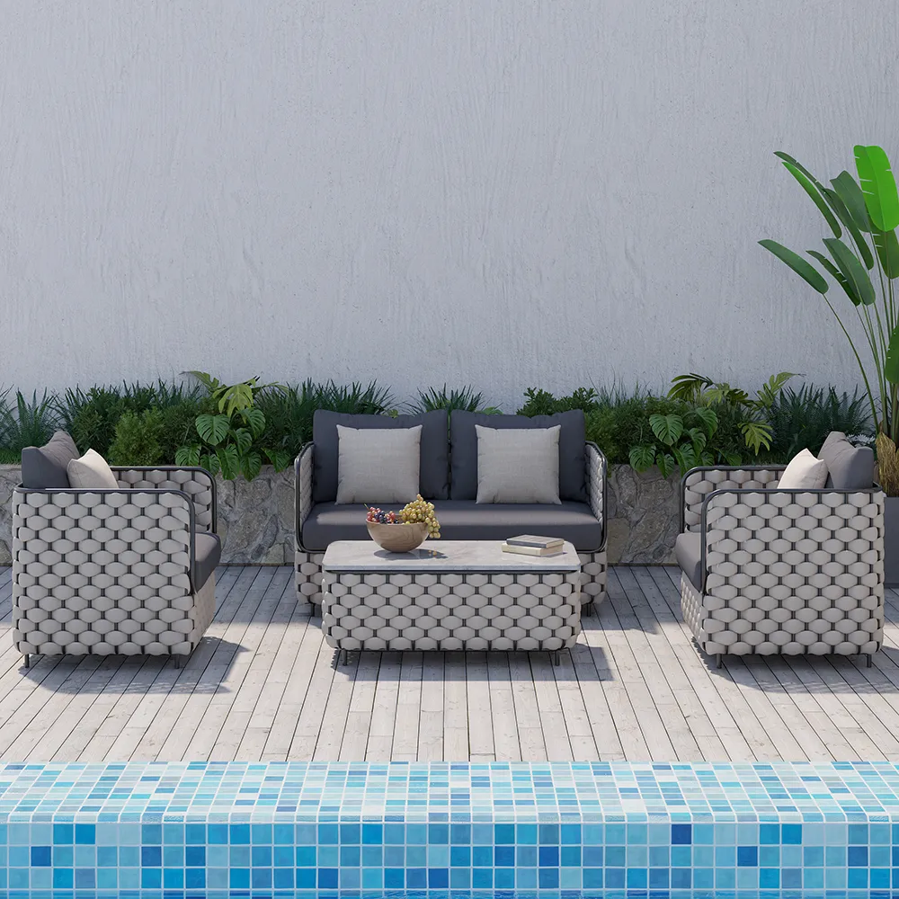Martic 4-Piece Rope Outdoor Sofa Set with Marble Coffee Table Modern Yard & Patio Furniture for 4 Person in Gray Cushion & Pillow Included — image 9