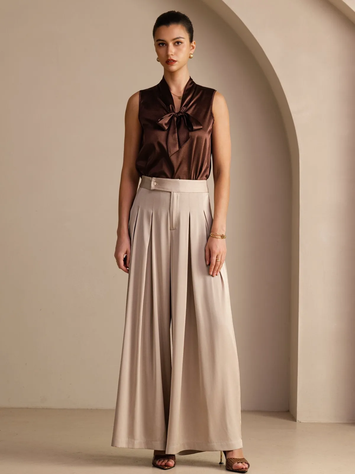 19Momme Silk Women’s High Waist Wide Leg Pleated Palazzo Pants — image 5