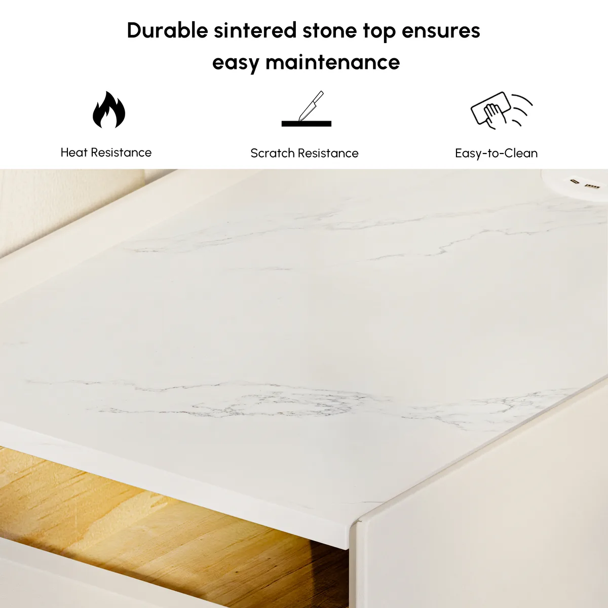 3-Drawer Narrow Bedside Table Faux Leather with Built-in Charging Station | Adjustable Lighting |Sintered Stone Top — image 7