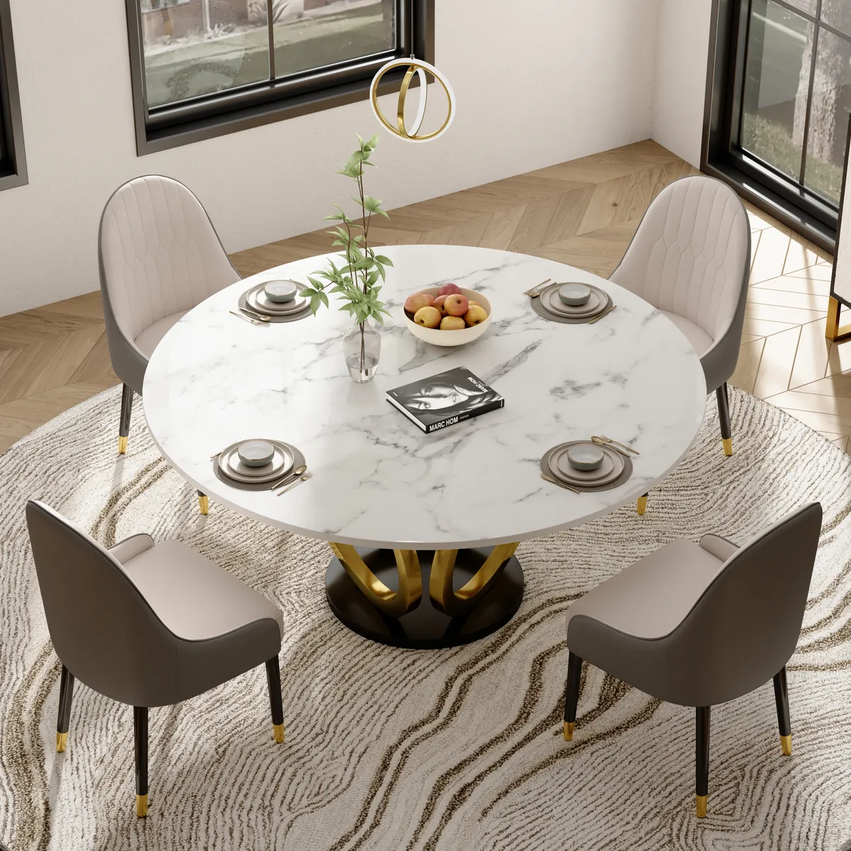 Dining Table Set 53.1" Faux Marble Dining Table White with 4 Velvet Chairs Modern — image 22