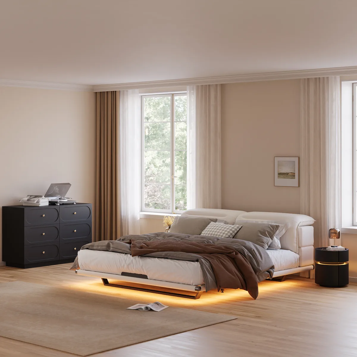 Round Saddle Leather Nightstand with Wireless Charging Bedside Table — image 14