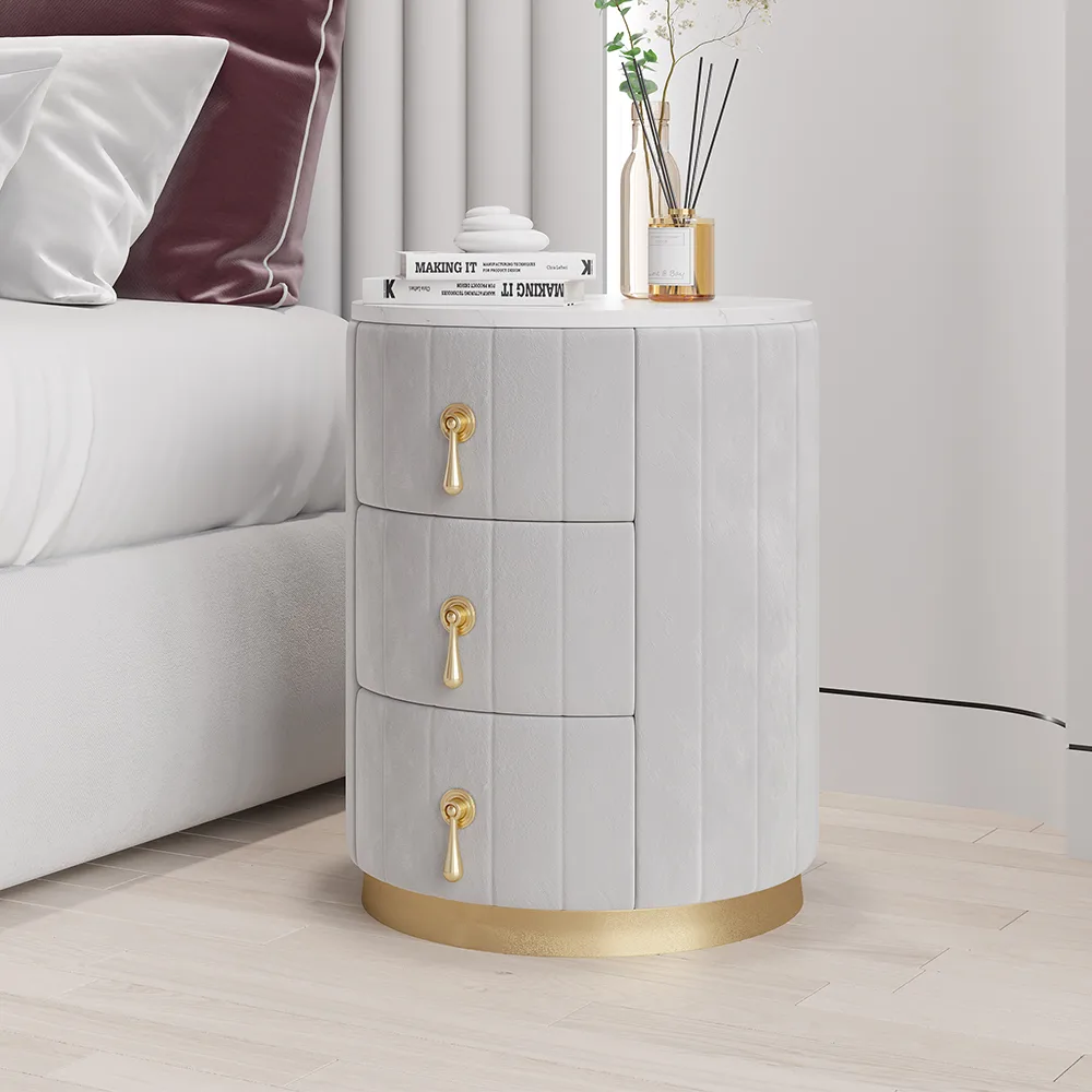 Modern Nightstand Gray Round Nightstand with 3 Drawers Nightstand with Storage — image 13