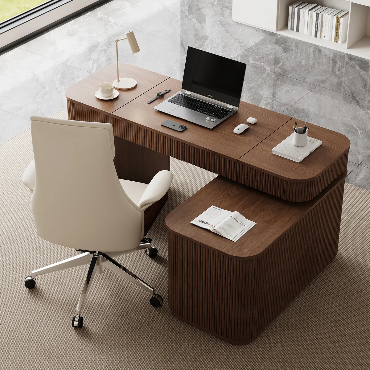 Modern 65" L-Shape Natural Executive Desk with Right-Side Cabinet — image 28