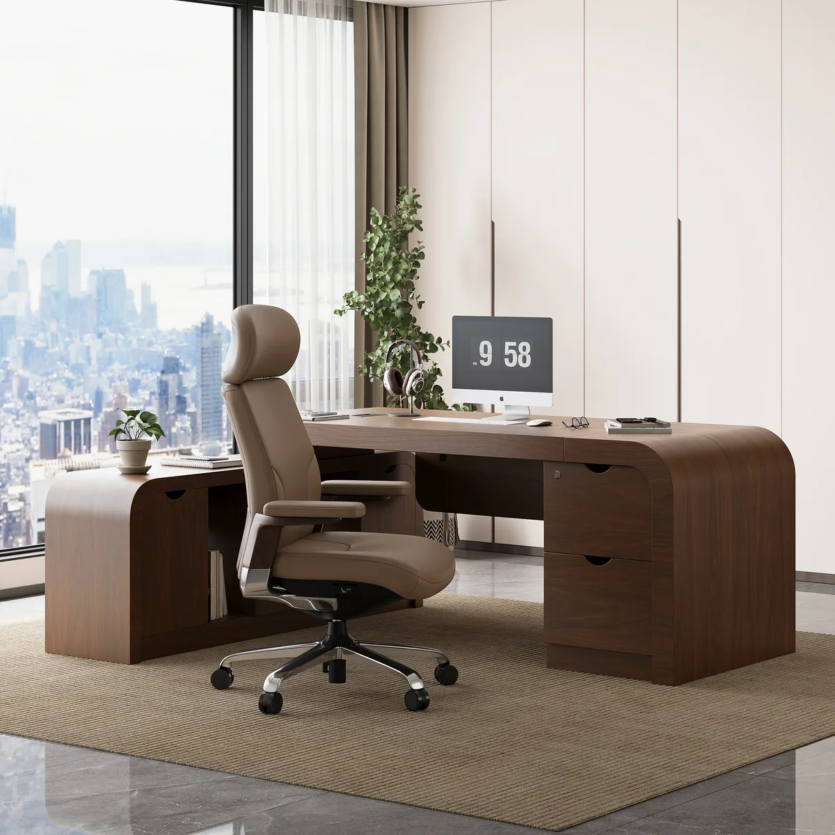 Black Genuine Leather Swivel Office Chair with Ergonomic Synchro-Tilt Recline System — image 24