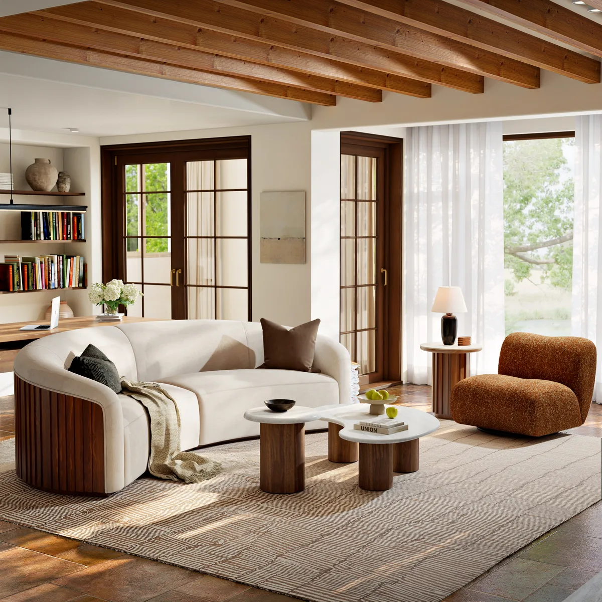 18"-47" Round Concrete Veneer Walnut Coffee Table Set — image 5