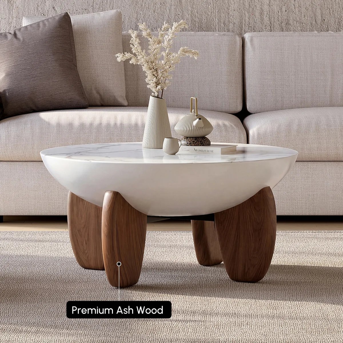 Curva Round Concrete Walnut Coffee Table with Wood Legs — image 10