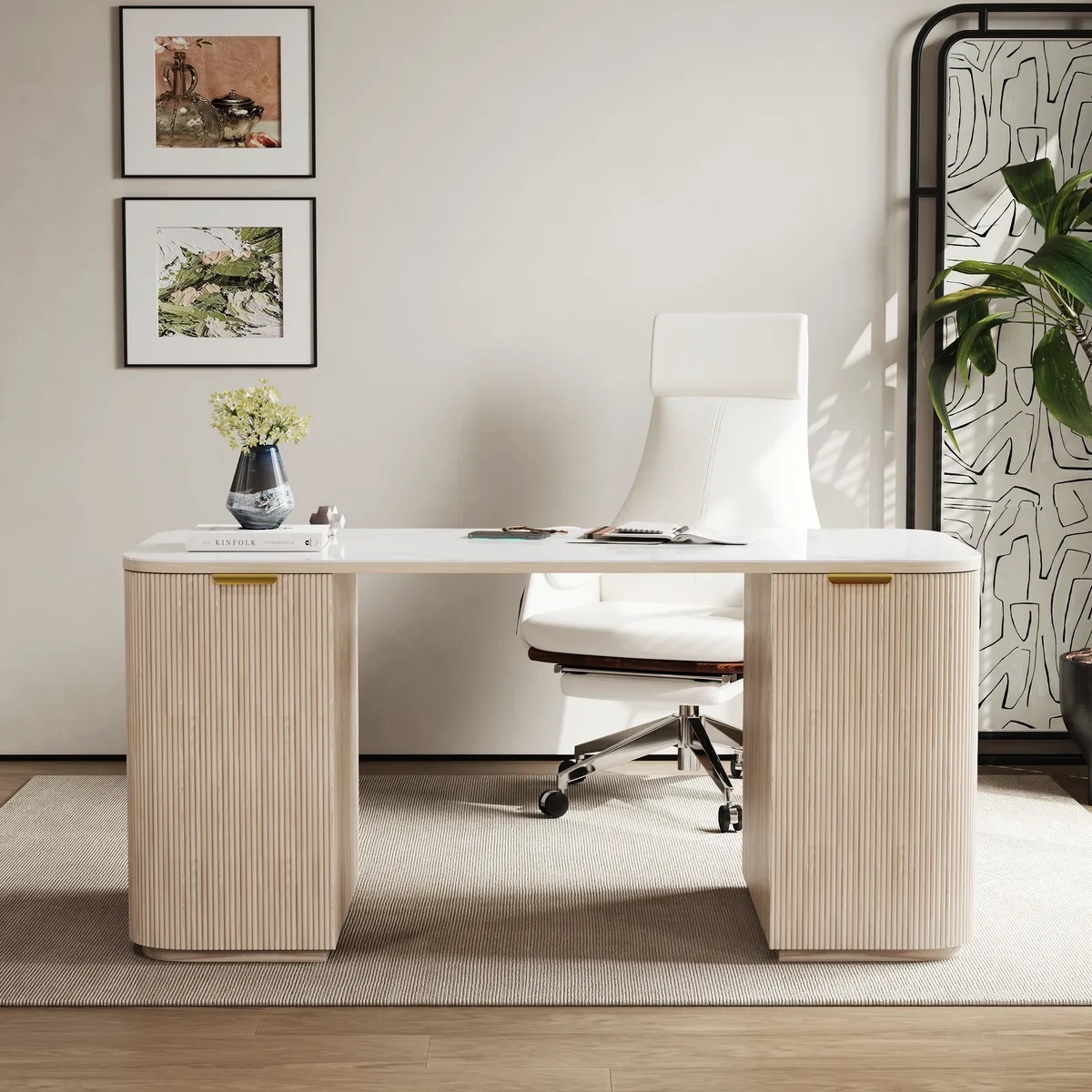 Walnut Ash Wood & Sintered Stone Rectangle Desk with 6 Drawers (63.8") — image 23
