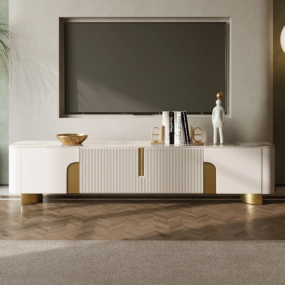 78.7" Stone Top Beige & Gold TV Stand with 4 Doors and Storage