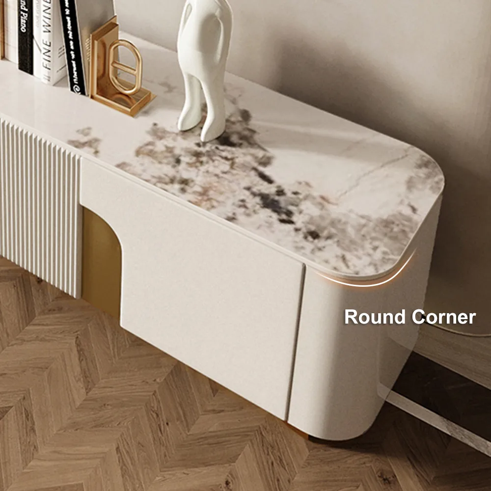 78.7" Stone Top Beige & Gold TV Stand with 4 Doors and Storage — image 7