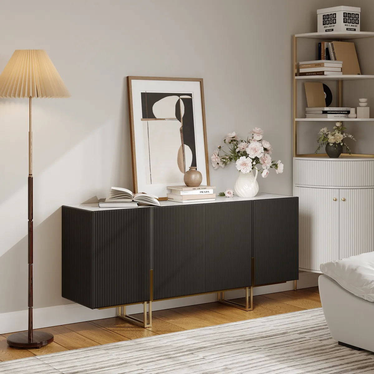 Grovyn 63" Buffet Sideboard Sintered Stone Top Black Fluted with Adjustable Shelves — image 16