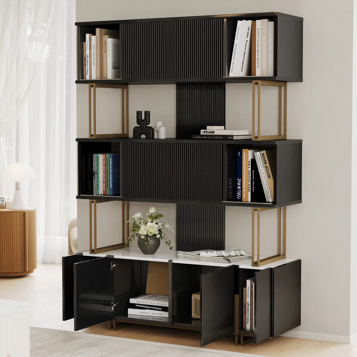 5-Shelf Off-white Bookshelf Etagere Tall Bookcase for Home & Office (72.8" High) — image 9