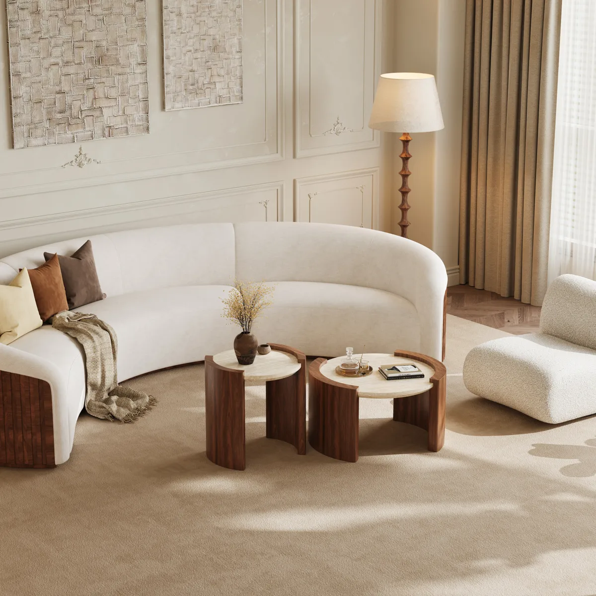 28" Walnut Round Coffee Table with Travertine Top — image 5