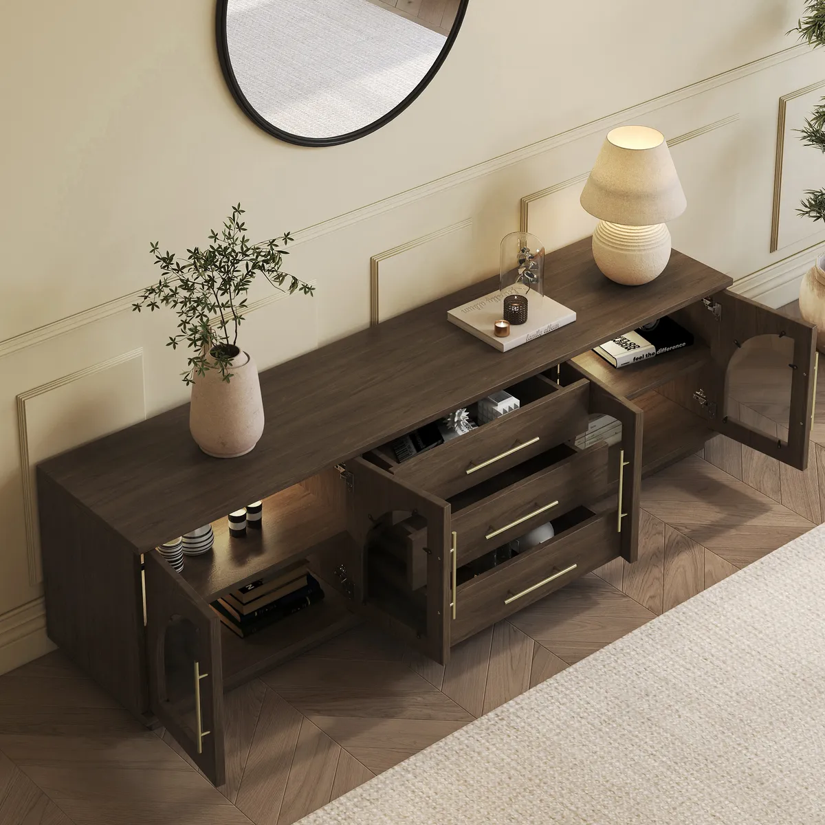 Arune 72" Arched Glass Doors Smoked Brown TV Stand with Storage and LED — image 6