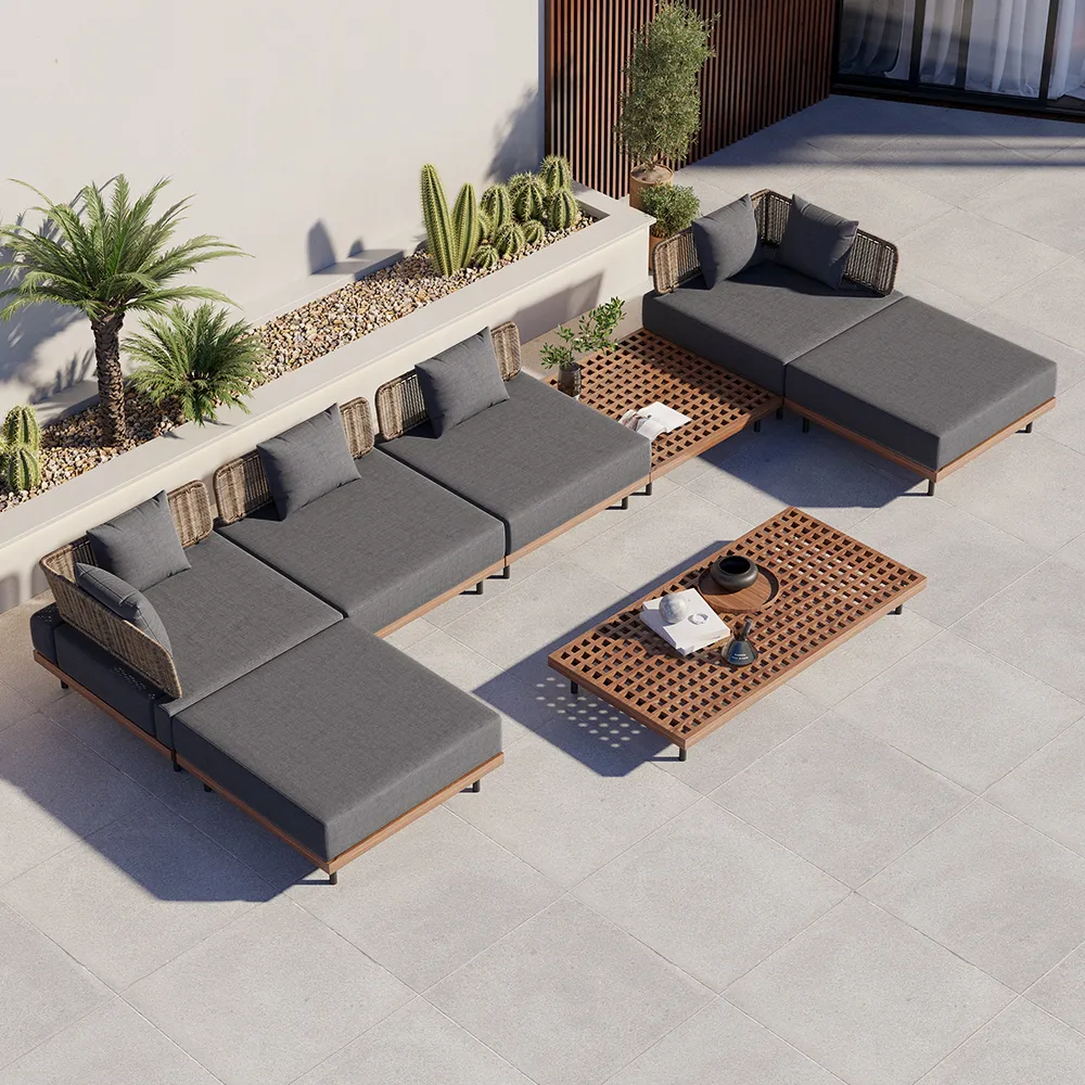 8 PCS L Shaped Outdoor Sectional Sofa Set with Coffee Table Modern Yard & Patio Furniture for 6 Person in Gray Cushion & Pillow Included — image 2