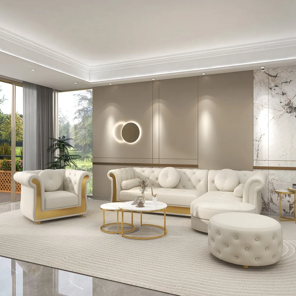 Dodiy Modern L-Shaped White Tufted Corner Sectional Sofa 6-Seater with Ottoman & Pillows — image 5