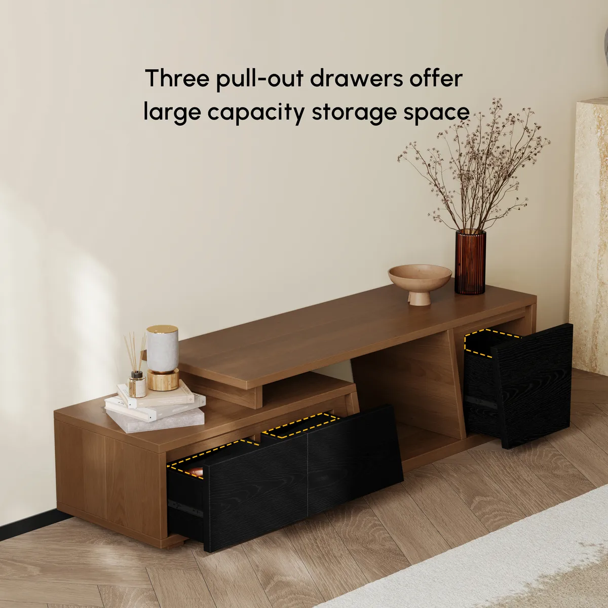 Fero Minimalist Rectangle Gray Extendable TV Stand with 3 Drawers Up — image 8