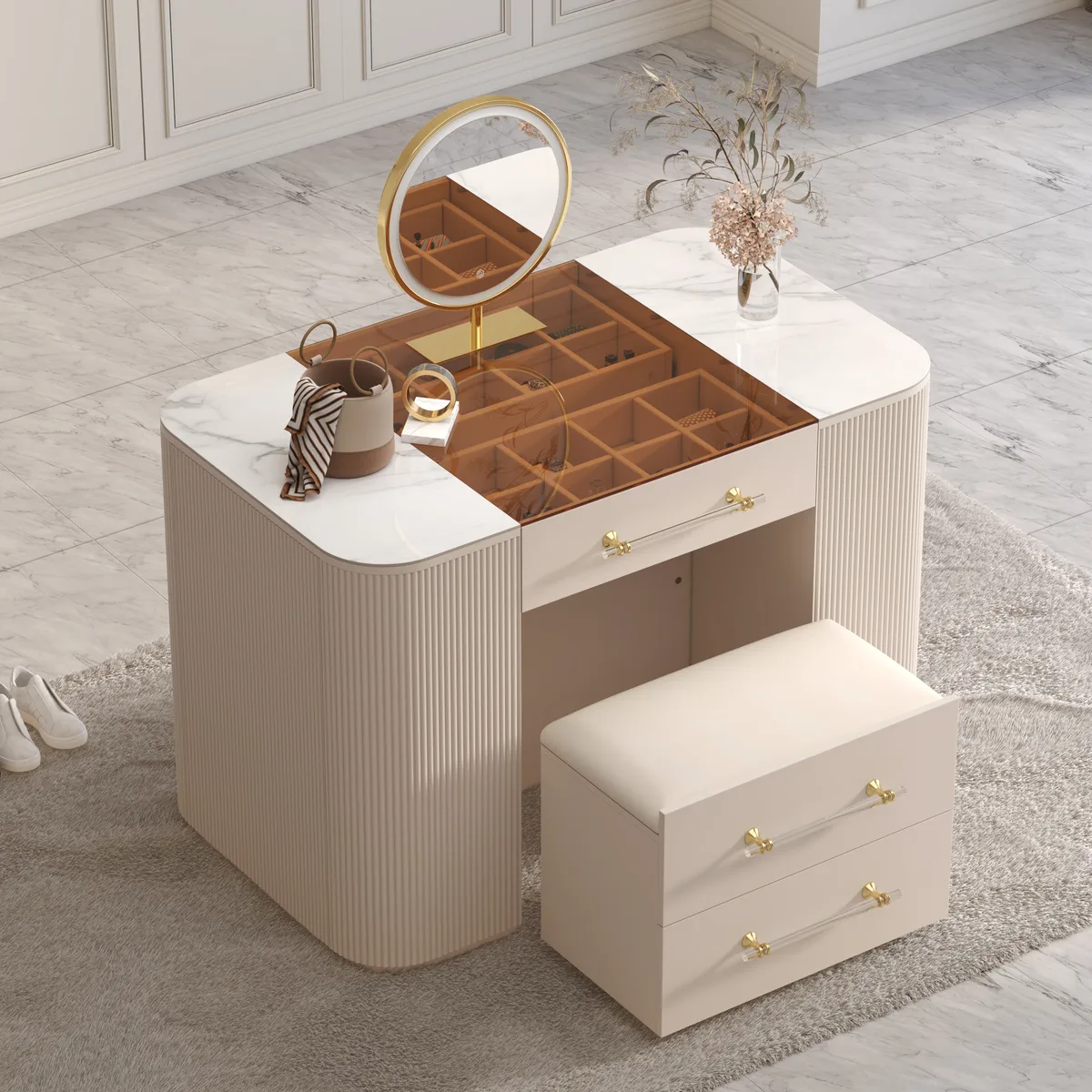 47" Tempered Glass Top Closet Island with Mirror & Jewelry Storage Dresser Vanity