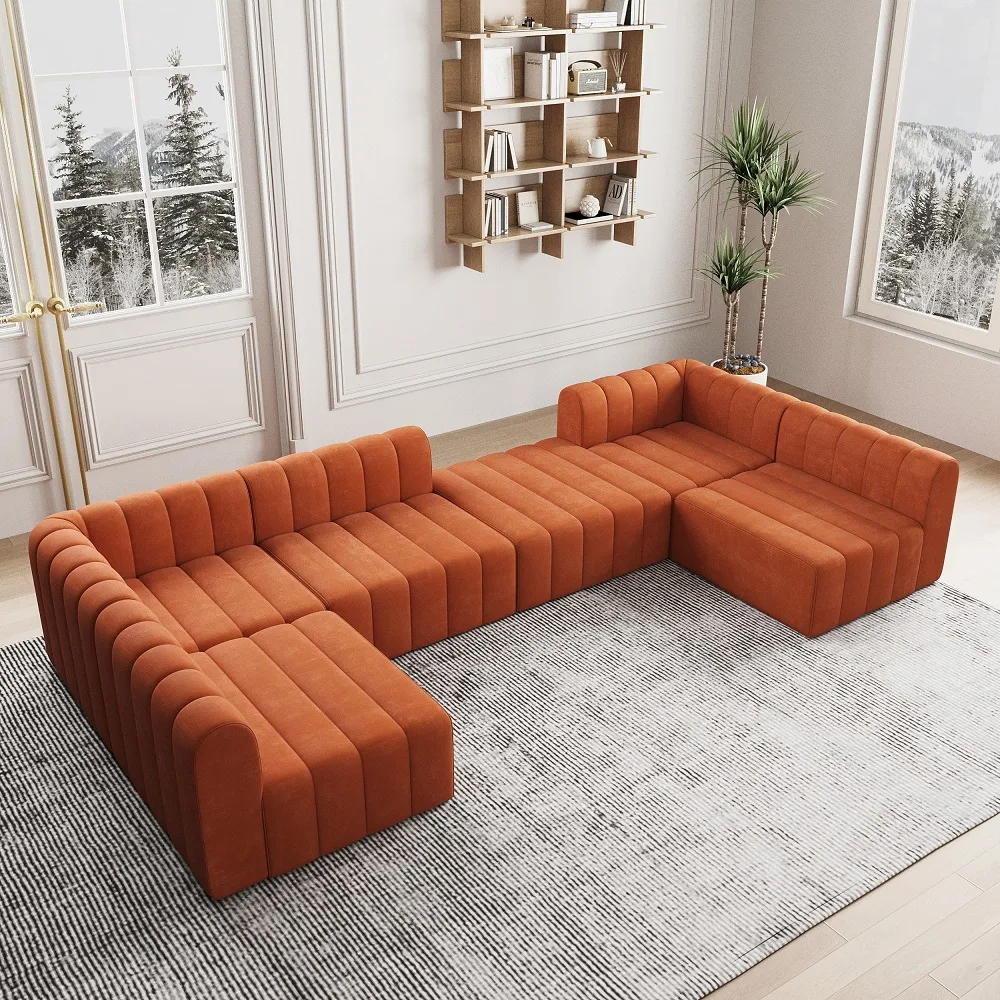 118.9" Velvet Convertible Modular Sectional Sofa Orange Upholstered 6-Seater Sofa Set — image 15