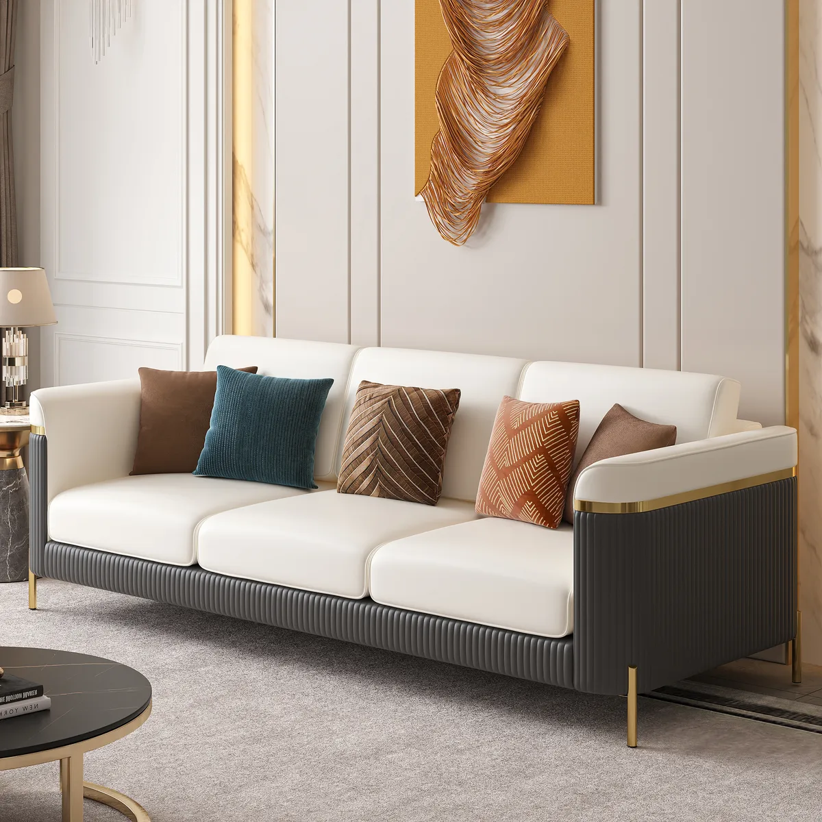 3 PCS Vertex Sofa Set with Chair Modern Beige Living Room Sofa Set with Cushion — image 5