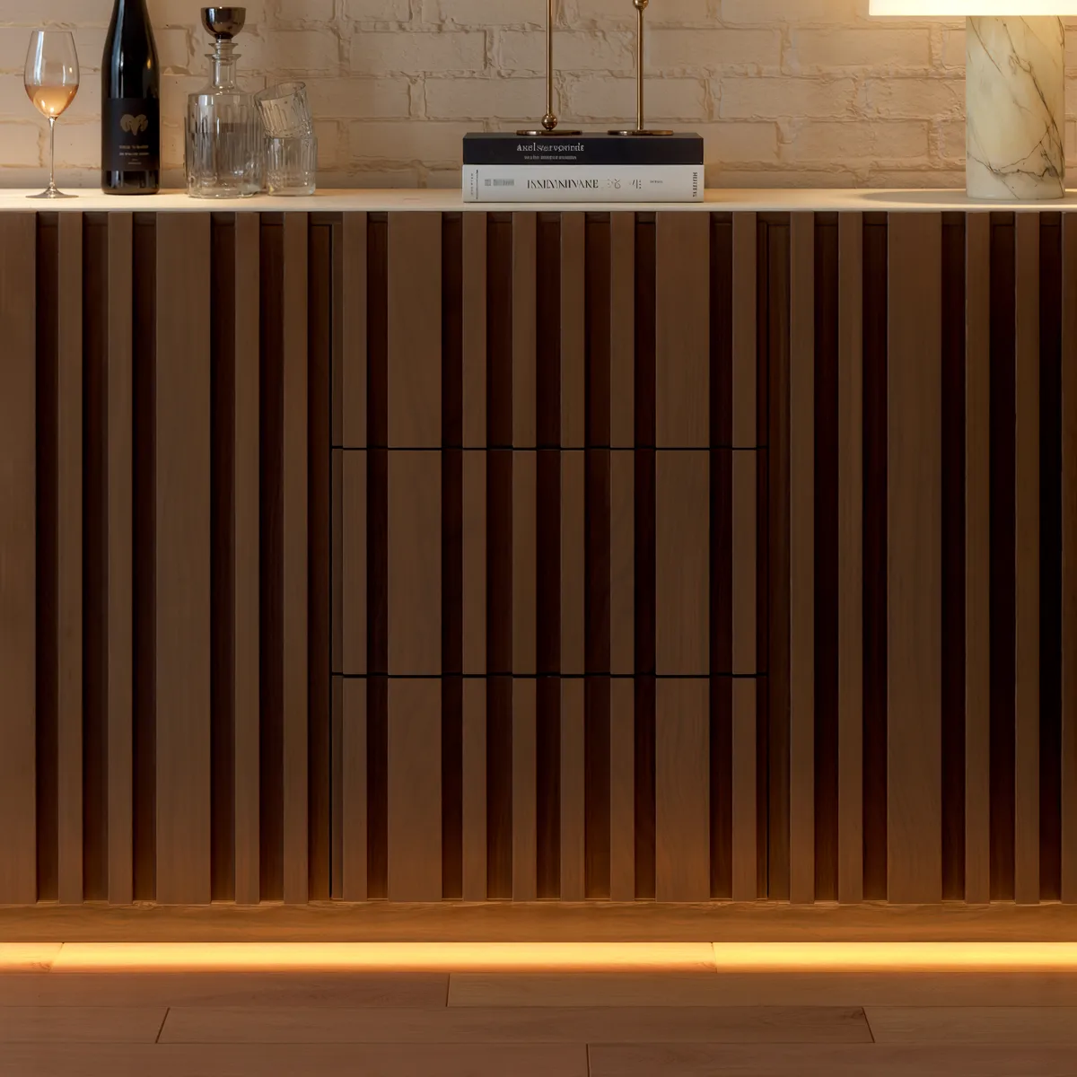 Aura 60" Faux Travertine Top Buffet Sideboard with Ash Wood Slatted Panels & Light — image 18