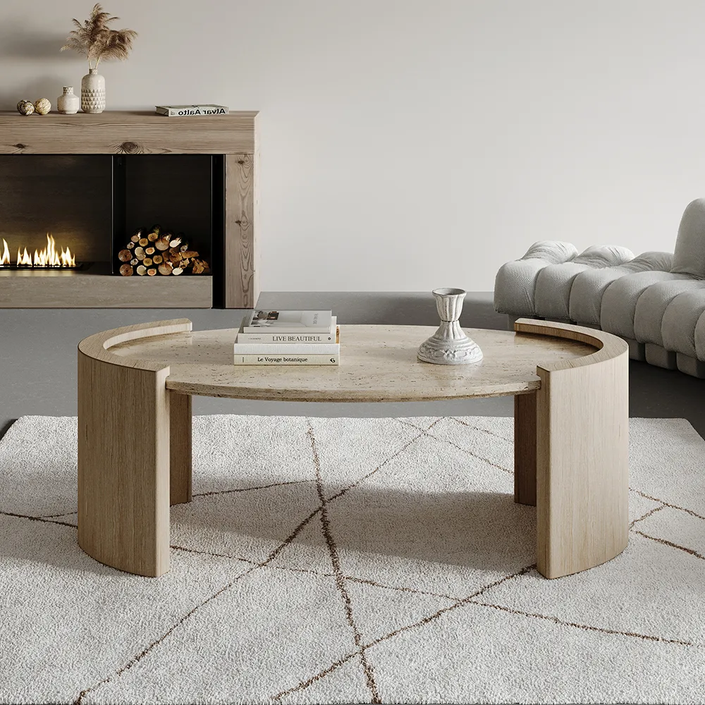 43" Japandi Oval Travertine Stone Top Coffee Table — image 3