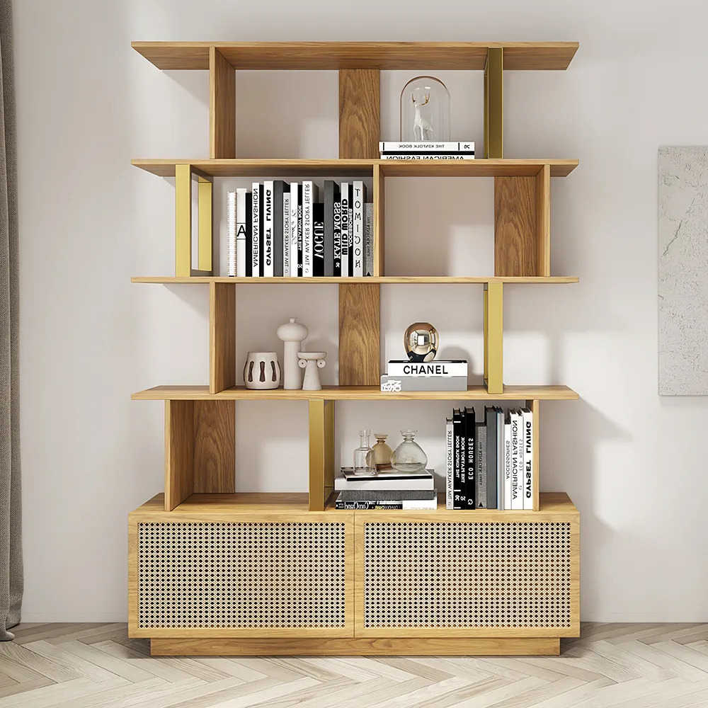 5-Tier Black Wood Bookshelf with 2 Doors Modern Bookcase in Gold Finish — image 12