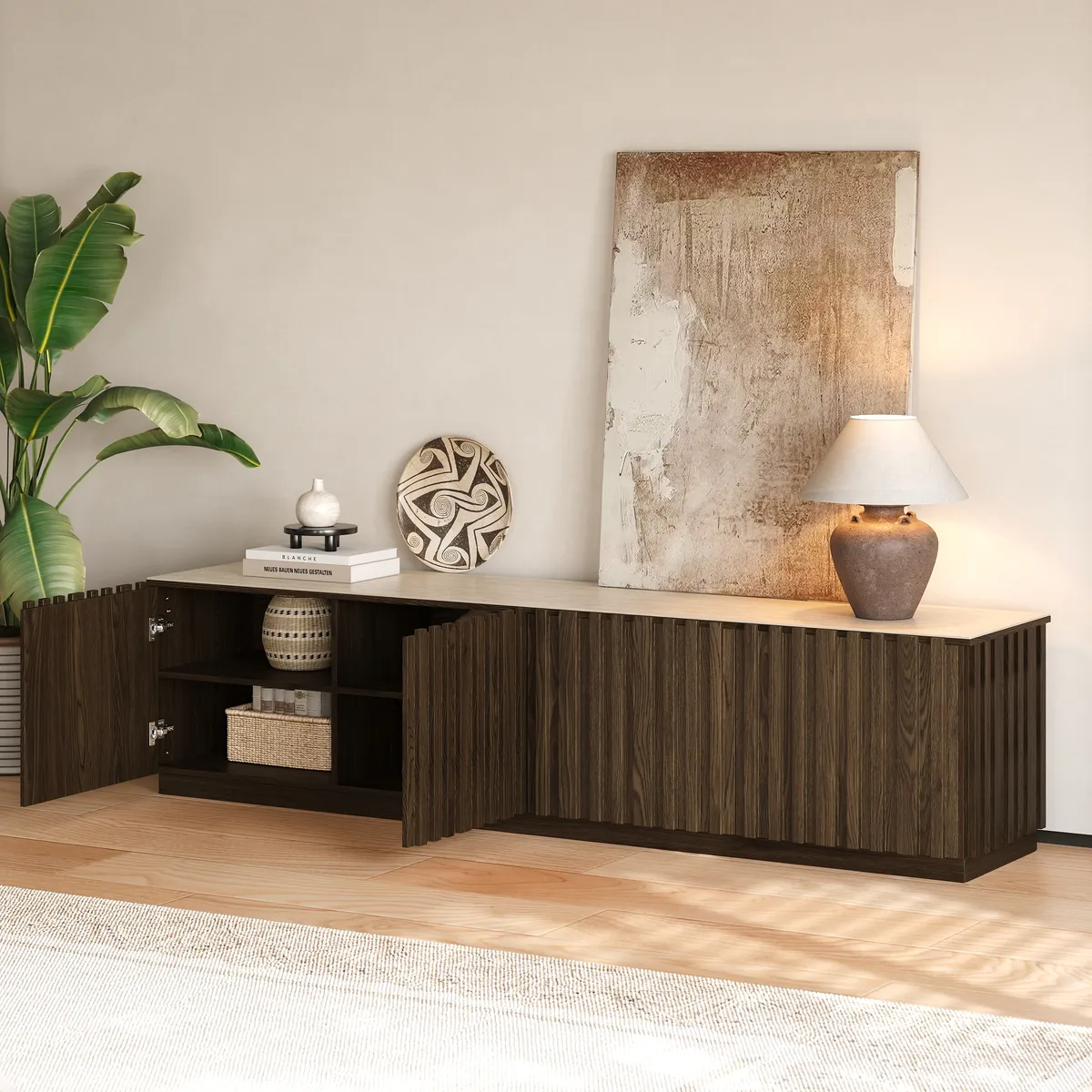 Aura 83" Ash Wood Fluted Smoked Brown TV Stand with Sintered Stone Top — image 5