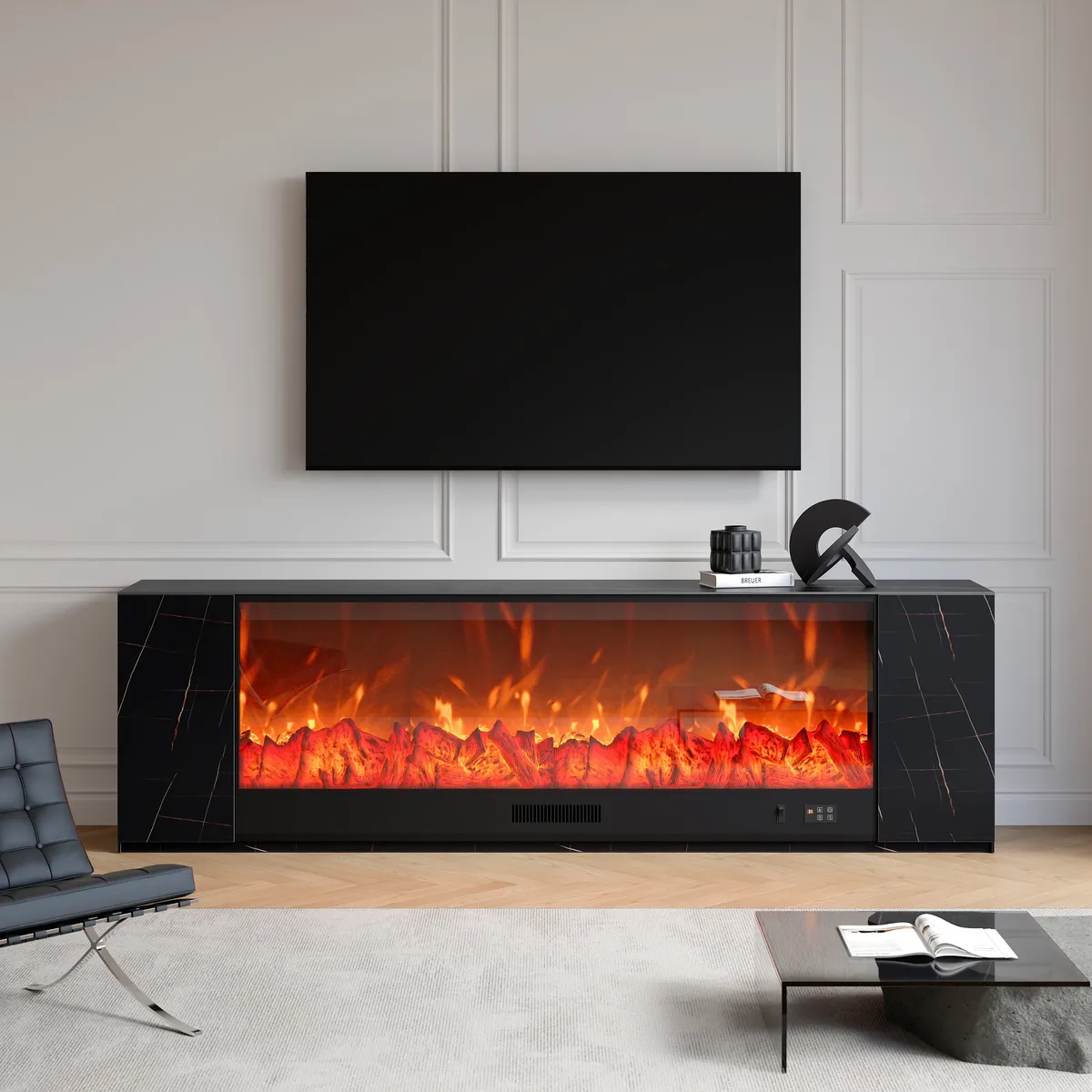 87" Modern White Marble Veneer Sintered Stone Electric Fireplace TV Stand with Remote Control Temperature Adjustable Coffee Table Set — image 14