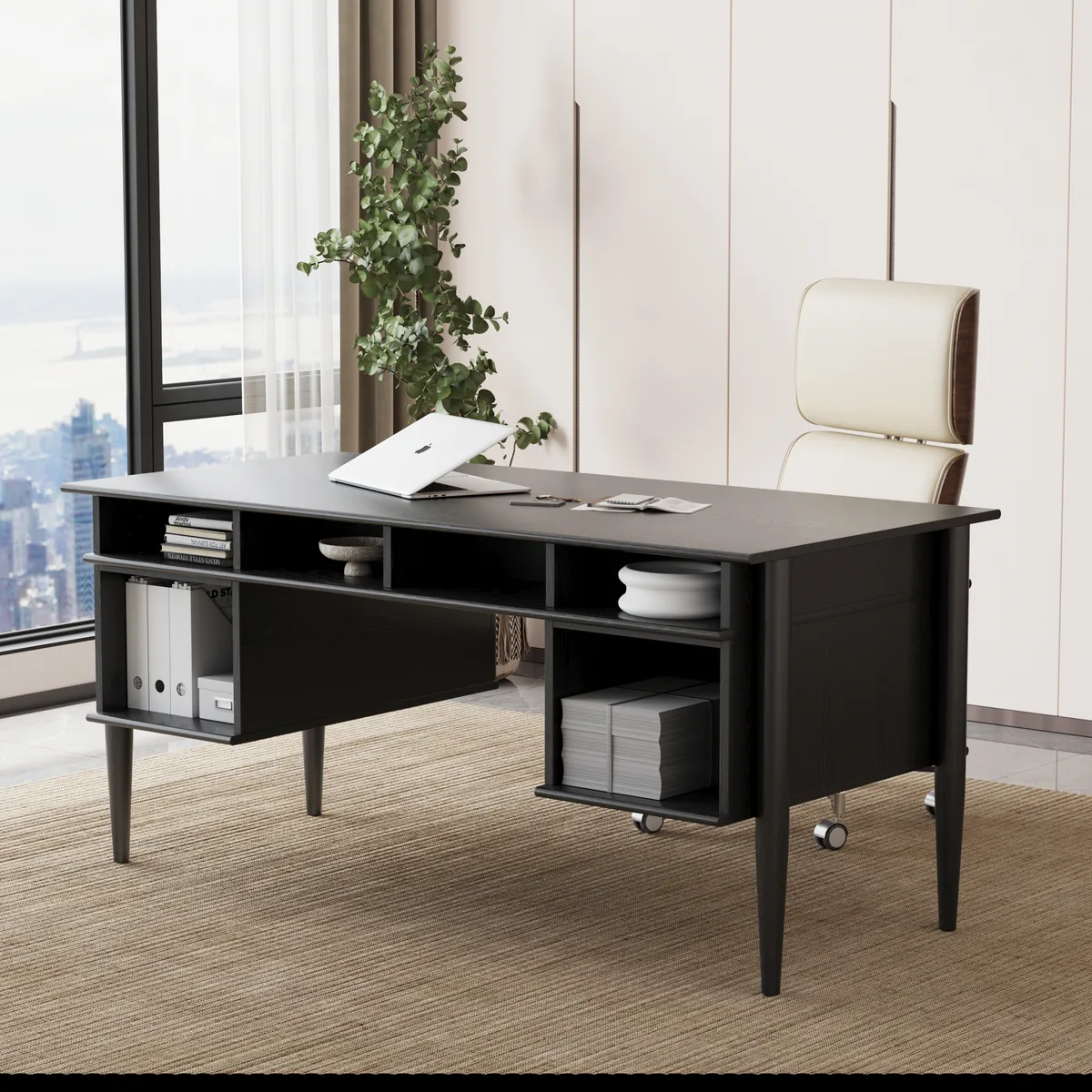 Mid-Century Solid Wood Home Office Desk with 6 Drawers — image 4