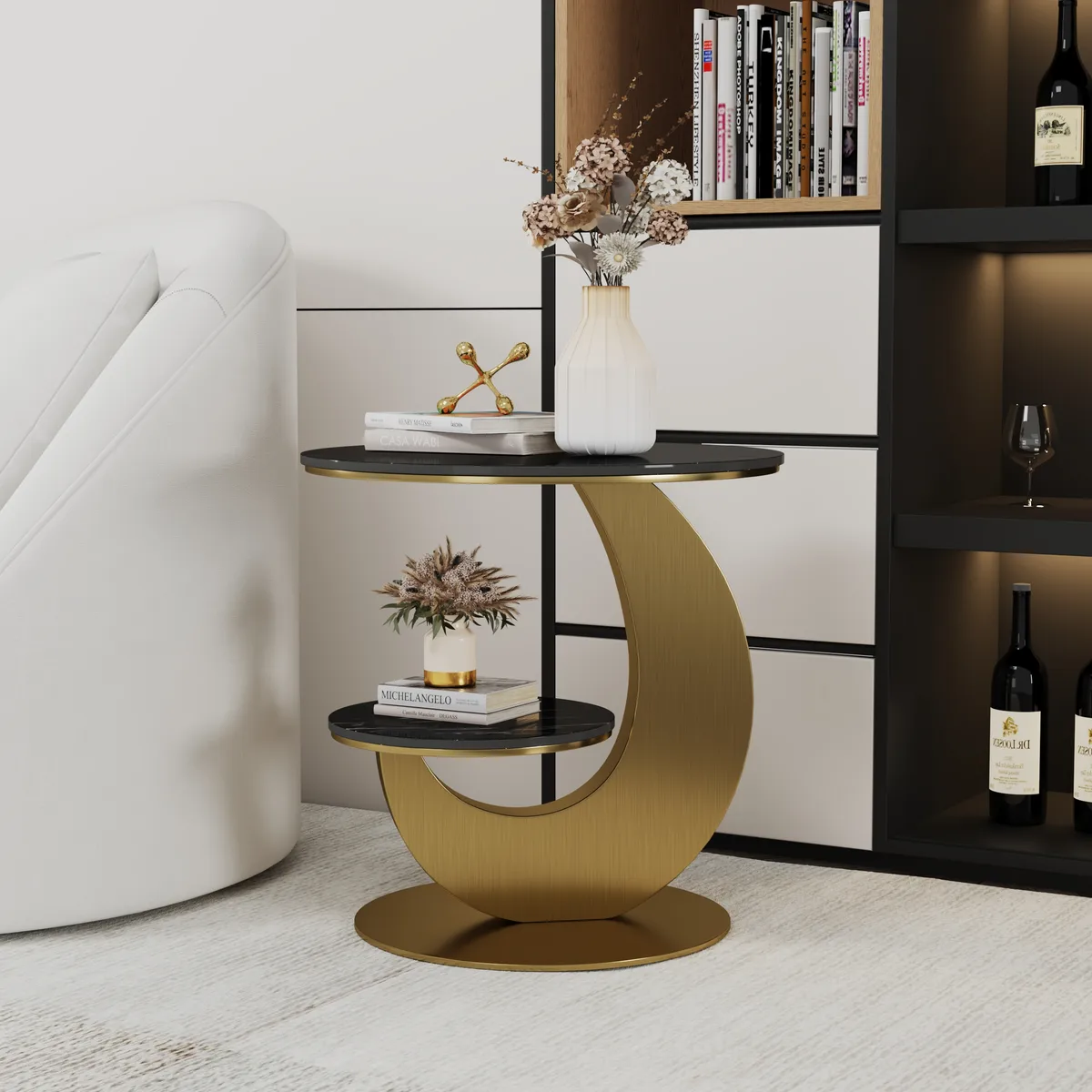 Round Faux Marble 2 Tier End Table Modern White & Gold Side Table