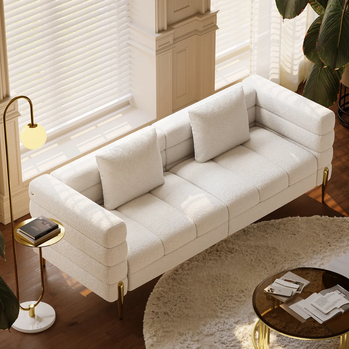 Living Room Couch Set of 2 White Boucle Upholstered Fluted 3-Seater Sofa with Pillows — image 21