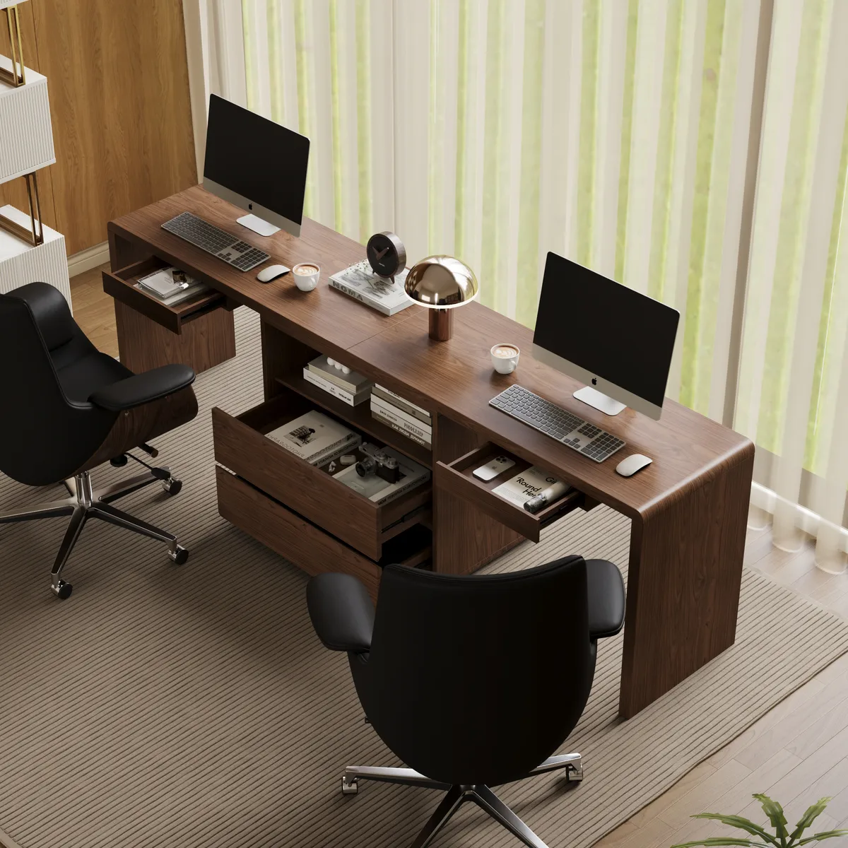 Modern 94" Rectangular Brown Double Desk with Drawers, Seats 2 — image 5