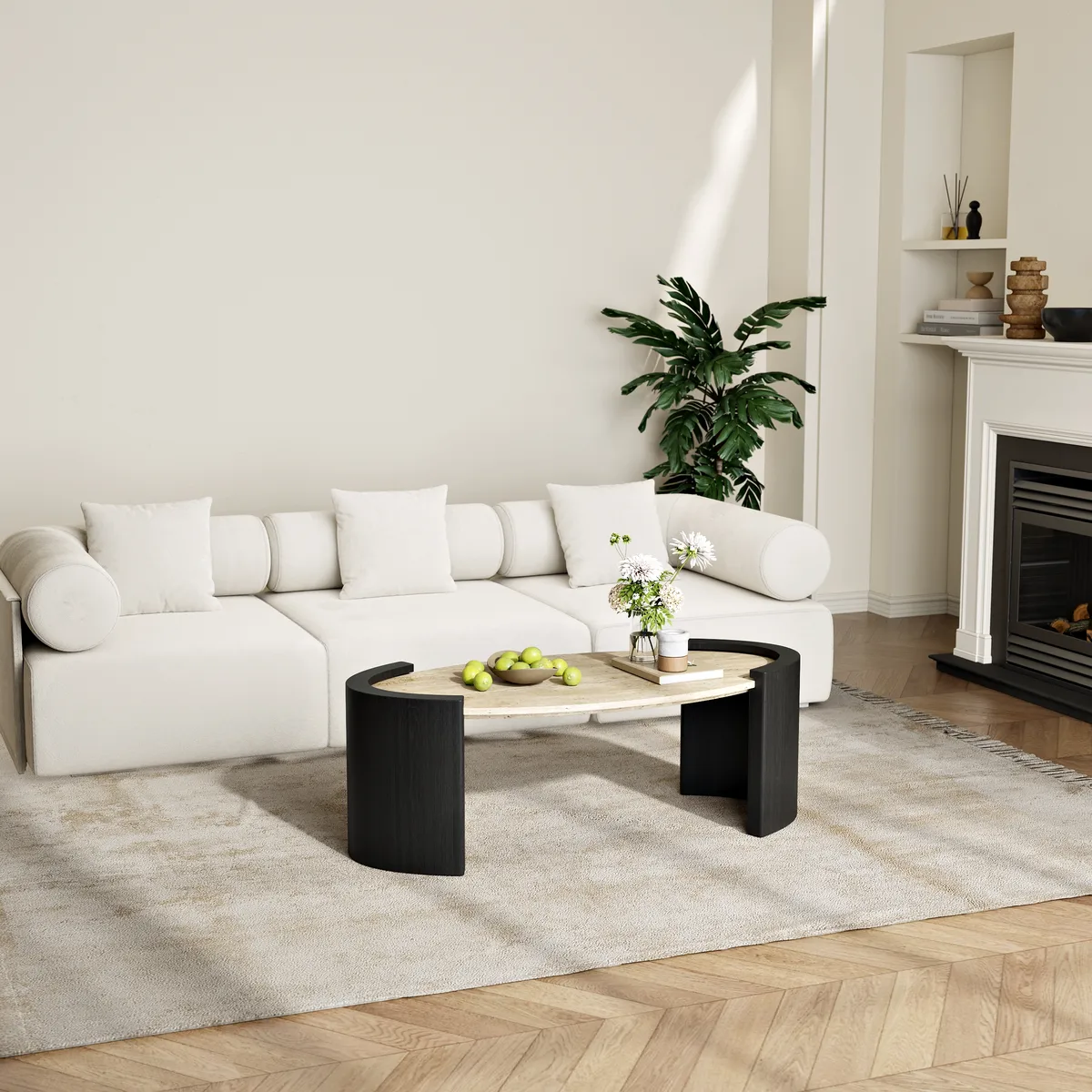 43" Japandi Oval Travertine Stone Top Coffee Table — image 11