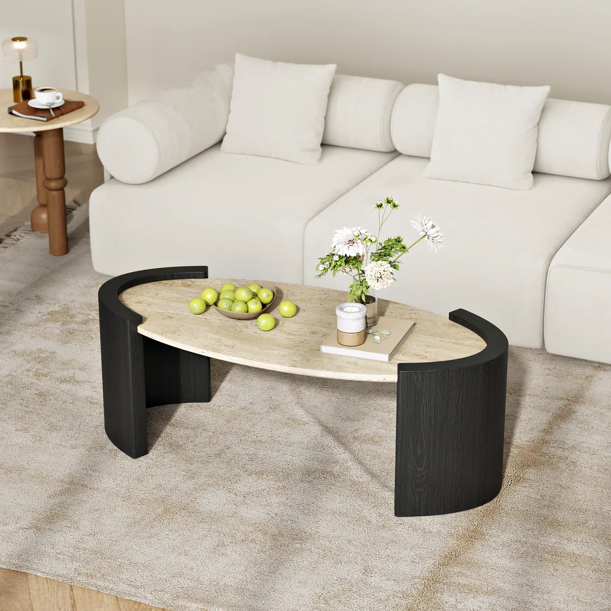 43" Japandi Oval Travertine Stone Top Coffee Table — image 14