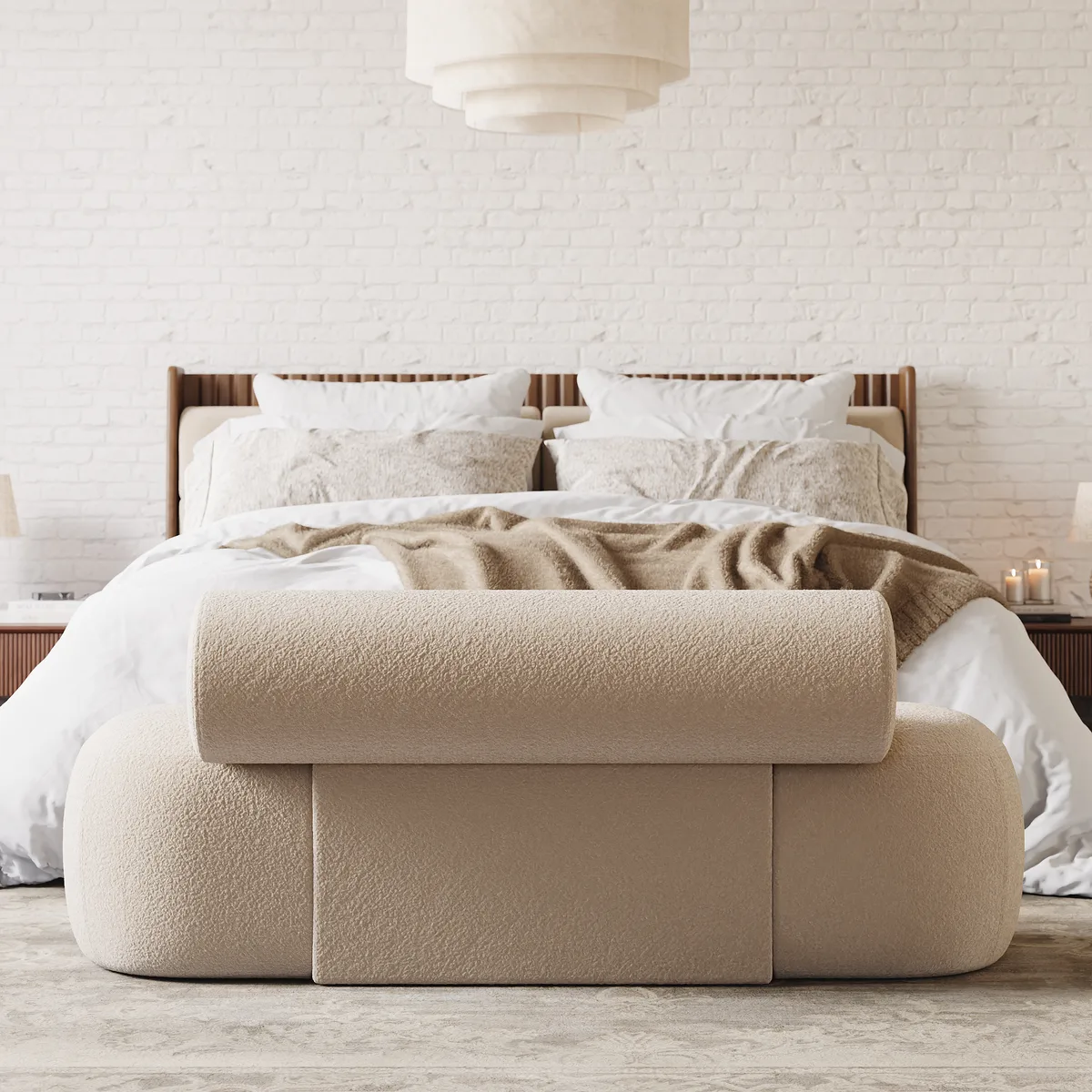 53"W Modern Boucle Bedroom Bench Chaise Lounge with Back — image 5