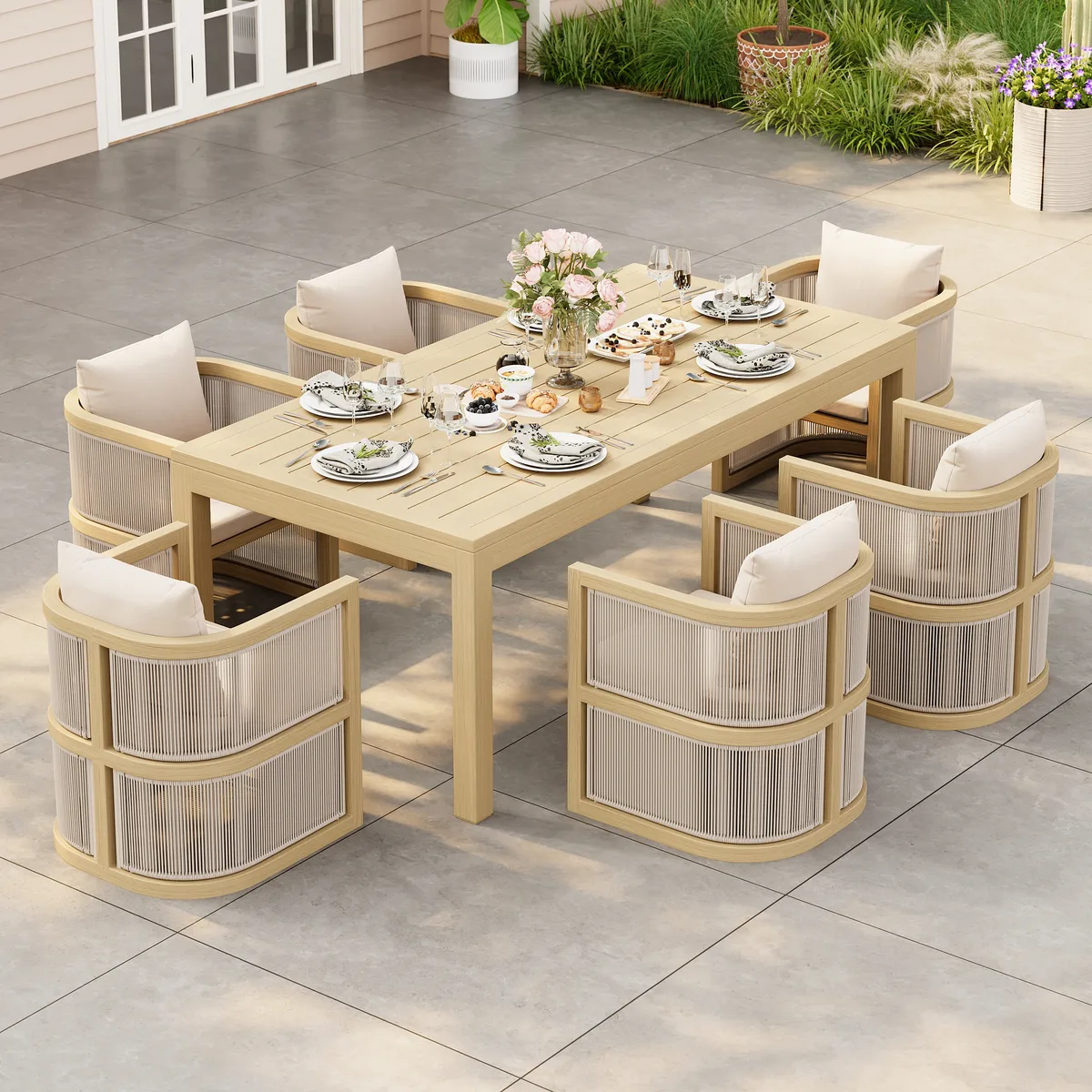 Wevara 7-Piece Outdoor Rope Weave Dining Set with 6 Chairs