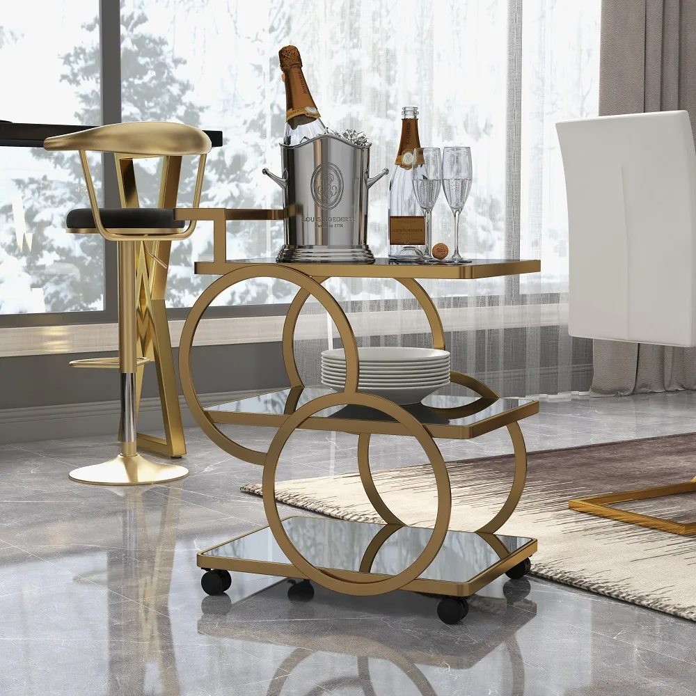 Rolling 3-Tier on Wheel Bar Cart with Handle in Black & Brushed Gold Style — image 4