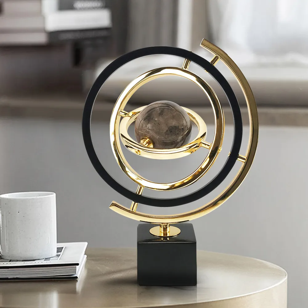 Modern Sculpture Decor Abstract Art Decoration Metal Globe Ornament Living Room Decor with Rectangle Stand — image 2