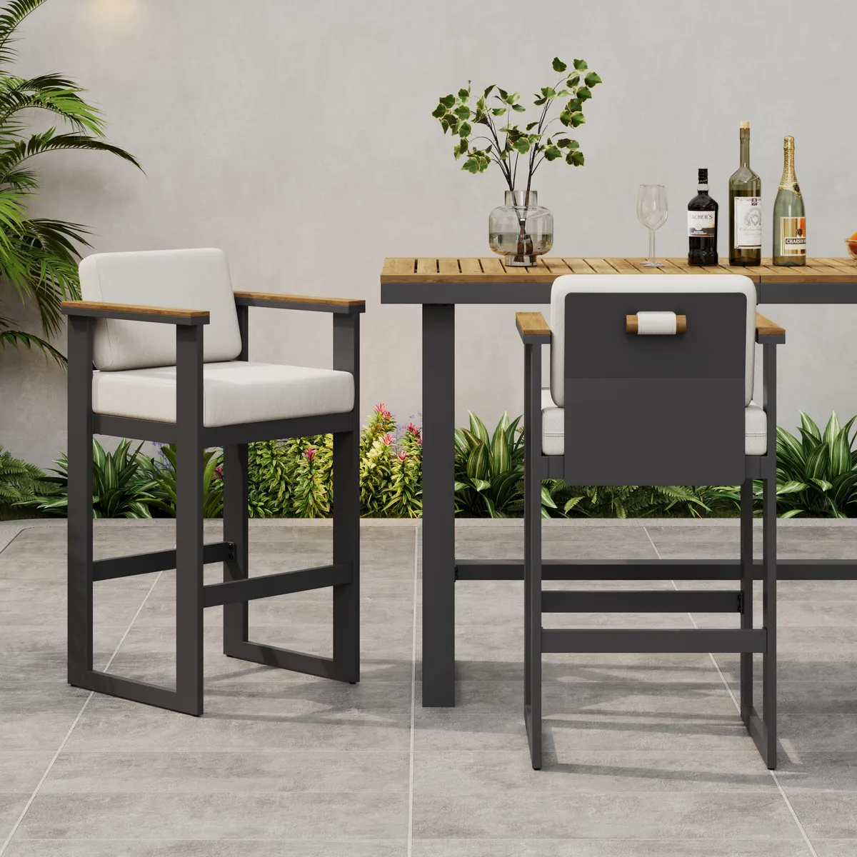 Tevara Outdoor Aluminum Frame & Teak Wood Armrest Bar Stools — image 24