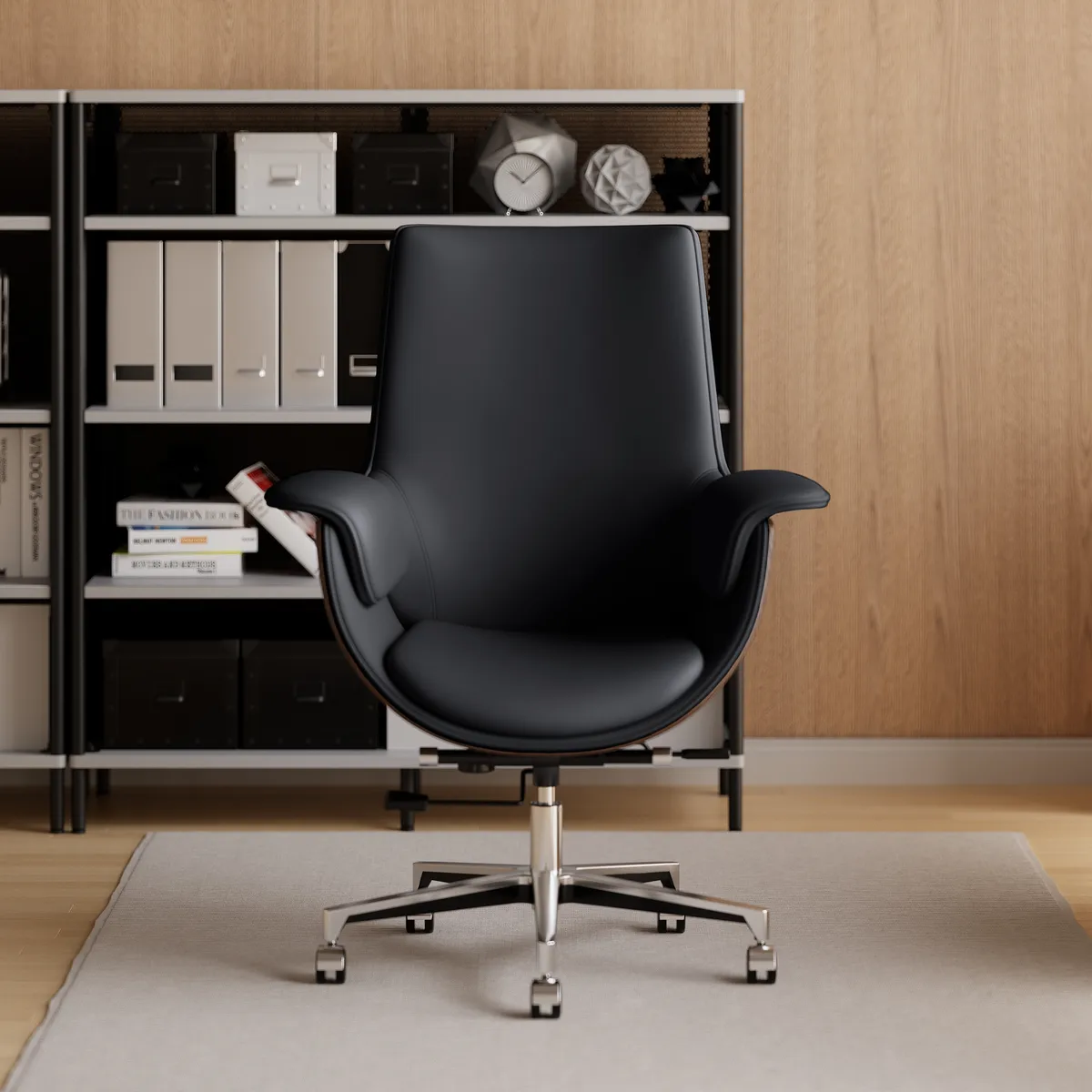 Black Leather Modern Home Office Chair Upholstered High Back Desk Chair Wood Grain Frame — image 2