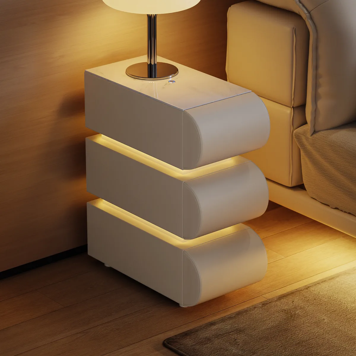 Narrow Humply Leather 3-Drawer Smart Nightstand with Sintered Stone Top — image 2