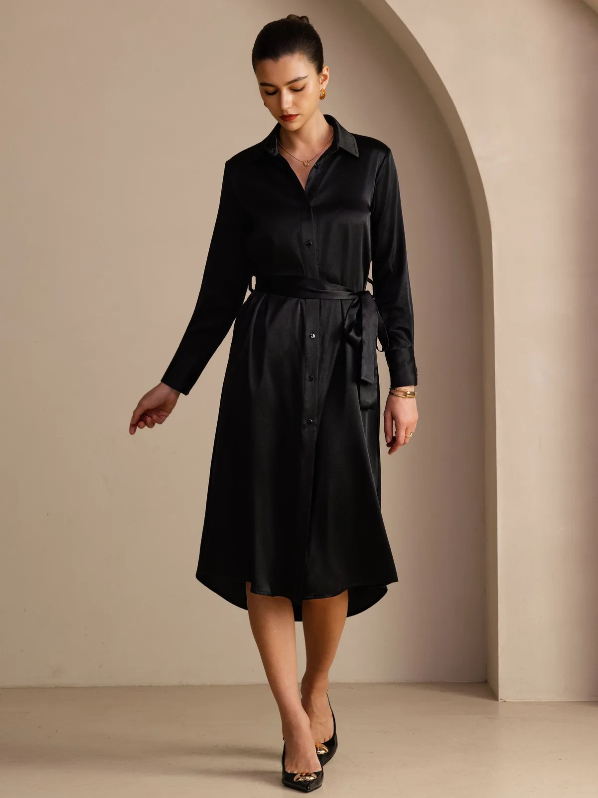 19Momme Silk Long Sleeve Belted Shirt Dress With Side Pockets — image 5